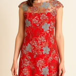 Boston Proper  Red Floral Embroidered Midi Dress‎ Flared Hem Sz 18 Mesh Overlay Photo 0