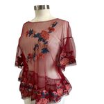 ZARA  Floral Embroidery Maroon Boho Mesh Peplum Blouse Size M Photo 1