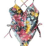 BCBG Paris Large one piece high waisted floral rouged sides strapy back Pink Photo 0