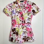 Cherokee  Floral V Neck Scrub Top Women’s XS Swiss Dot Colorful Ruffle Cotton Photo 0
