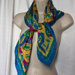 Vtg HONEY Bright Multicolor Floral Silk SIGNED SCARF Japan Preppy Career Spring Blue Photo 1