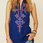 Free People  New Romantics Size Medium‎ Blue Embroidered Tassel Tunic Sleeveless Photo 0