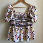 Kate Spade Lily Blooms Puff-sleeve Top (Sz L) Pink & Yellow Smocked Floral Photo 0
