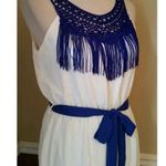 Pink Owl Modcloth White with Blue Fringe & Crochet Trim Halter Maxi Dress Boho Photo 2