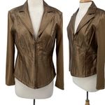 Vintage Leather Jacket Metallic Bronze Zip Front Mixed Media Rib Knit Sleeves 8 Gold Photo 1