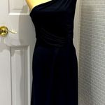 Connected Apparel black one shoulder faux wrap dress. Poly/Spandex. Size 10. Photo 0