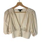 Forever 21  Cream Button Front Puff Sleeve Cropped Top S Photo 0
