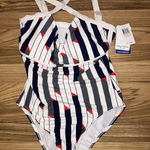 Nautica  Women's Cross Back One PC Swimsuit Swim‎ Size 10 White Navy NWT Photo 0