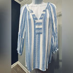 Brina & Em Colter Split Neck Boho Blue White Top Size Large Photo 3