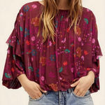Free People  Maroon Floral Boho Ruffle Sleeved‎ Top | Medium Photo 0