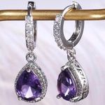 Women's Diamond Amethyst Purple Gemstone Teardrop Dangle Drop Hoop Earrings Silver Photo 0