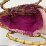 Ralph Lauren Vachetta Leather Paisley Canvas Purse Handbag Round Bamboo Handle Pink Photo 12