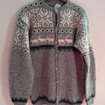 Vintage Fairisle Gray Navy Wool Cardigan Sweater Womens Deer Nordic Cabincore Size L Photo 0