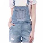 L.E.I VTG Y2K . Blue Light Wash Denim Distressed Cuffed Hem Bib Overall Shorts Photo 0