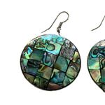 Vintage Abalone Patchwork earrings pierced dangle hooks round 1 3/8" across Photo 2