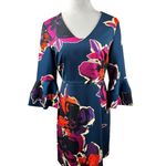 Trina Turk Trina Turk Navy Floral Work Wear Cocktail Belle Sleeve V Neck Dress 8 Photo 0
