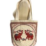 Thai Elephant Print Shoulder Bag Canvas Zip Close Tote Boho Global Artisan White Photo 0