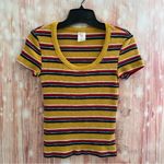 No Boundaries Juniors Mustard Yellow Ribbed Short Sleeve Striped Scoop Neck Top Photo 1