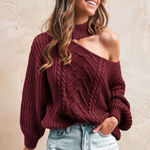 Cupshe  Medium Burgundy Cable Knit Cutout One Shoulder Sweater NWT Photo 0