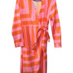 Bold Geometric Print Wrap Midi Dress Orange Pink Long Sleeve Shirt Dress S Photo 0