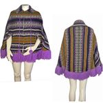 VINTAGE Poncho Full Zip Arm Holes Collar Purple Print Fringe Pom Poms One Size Size undefined Photo 10