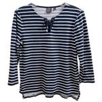 Rafaella  Nautical Sailing Navy Striped Lace-up Neckline 3/4 Sleeve Top Coastal Photo 0