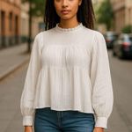 ZARA NEW White Textured Long Sleeve Blouse Ruffle Collar Button Cuffs Top Size M Photo 0