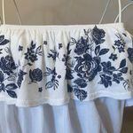 Garage Off-The-Shoulder White Strapless Tube Top with Blue Floral Ruffle, Size L Photo 2