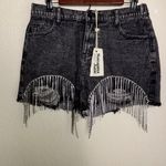 NWT Savanna Jane Black Distressed Denim Rhinestone Fringe High Rise Shorts L Size L Photo 2