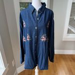 Vintage New Direction Pink Floral Embroidered Blue Denim Jean Shirt Size XL Photo 0