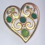 Vintage Satin Gold Tone Retro Boho Heart Brooch with Green Accents Photo 0