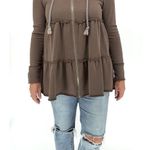 PaperMoon Womens Small Tiered Ruffled Zip Up Hooded Drawstring Top Brown Jacket Photo 1