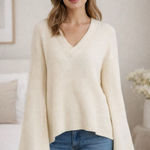Faithfull the Brand  Cream Ribbed Bell Sleeve V-neck Sweater Photo 0