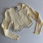 ZARA NWT  Seamless Ribbed Pearl Fringe Long Sleeve Crop Top XS in Oyster white Photo 4