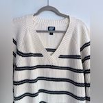 Lands' End Drifter Heavyweight Cotton Pullover Striped V Neck Sweater XL Ivory Photo 1