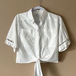 Adam Selman  | White Pearl Embellished Cropped Tie Front Button Down Blouse Sz M Photo 0