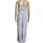 Japna  Blue White Pin Striped Embroidered Empire Waist Wide Leg Jumpsuit Size Med Photo 4