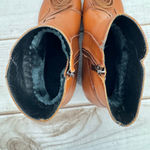 Camel Brown Leather Retro Flower Ankle Boots Low Heel Faux Fur Lined Comfy Boho Size 8 Photo 6