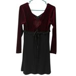 Vintage Lace Up Back Burgundy and Black Velvet Long Sleeve Dress Made USA Large Photo 9