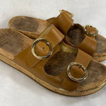 Michael Kors Tan Leather Double Buckle Cork Platform Sandals Slides Sz 7-flaw Photo 0