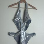 SKIMS metallic swim halter monokini in nickel swimsuit one piece 2X Photo 0