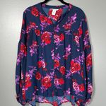 Ophelia Roe Women's Blue & Red Floral Blouse - Size Medium - Peasant Boho Chic Photo 0