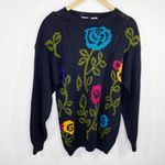 Catalina  Vintage Navy Blue Floral Knit Crewneck Sweater Women's Size Large L Photo 6