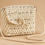 Anthropologie  Embellished Straw Crossbody Bag NWT Tan Cream Woven Photo 0
