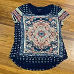 Lucky Brand  Women's Tee Shirt Navy Blue‎ Medallion Print Short Sleeve Top Cotton Photo 0