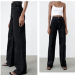ZARA High Rise Waist Rigid Wide Full Length Raw Hem Jeans Washed Black 0 Photo 2