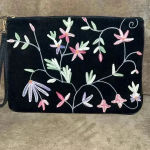 Americana by Sharif Velvet Floral Print Embroidered Large Clutch Black Photo 1