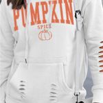 Boutique Women’s White Pumpkin Spice Distressed Hoodie Sweater size Large Photo 2