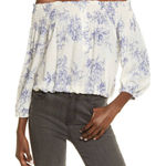 Socialite ivory blue flor off shoulder long sleeve blouse size Medium NWT Photo 0