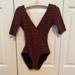 Solid & Striped  Alison One Piece Short Sleeve Swimsuit in Orange & Black Stripe Photo 3